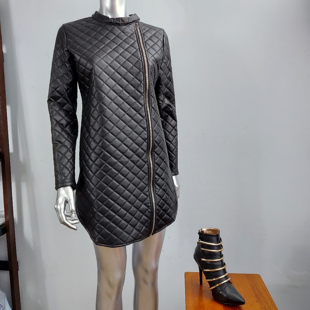 Black PVC Faux Quilted Leather Dress, sz L